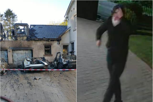 Police released a CCTV image of a man they want to speak to in connection with the attack. The fire engulfed several cars and the house (picture: Evan Mclafferty).