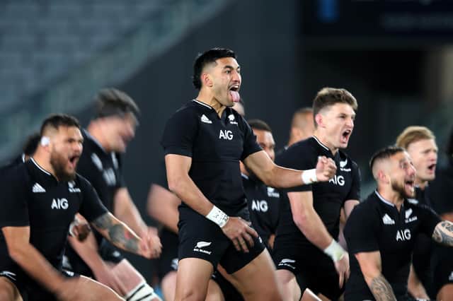 Rieko Ioane of the All Blacks performs the haka during The Rugby Championship and Bledisloe Cup match between the New Zealand All Blacks last weekend.