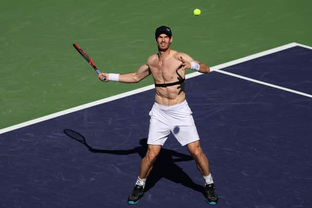 Andy Murray in a practice session ahead of his first-round match at the BNP Paribas Open in Indian Wells, California. (Photo by Julian Finney/Getty Images)