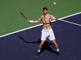 Andy Murray in a practice session ahead of his first-round match at the BNP Paribas Open in Indian Wells, California. (Photo by Julian Finney/Getty Images)