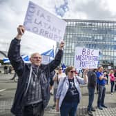 Demonstrators outside the BBC offices in Pacific Quay, Glasgow, protest about perceived bias against the Scottish independence movement in 2018