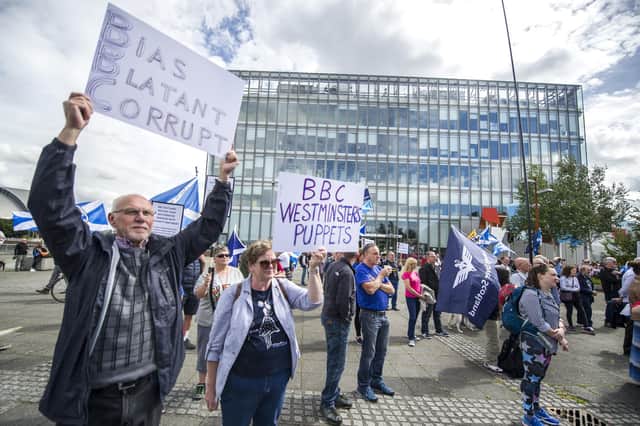 Demonstrators outside the BBC offices in Pacific Quay, Glasgow, protest about perceived bias against the Scottish independence movement in 2018