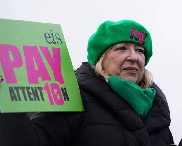 EIS General Secretary Andrea Bradley, joins members of the EIS and SSTA unions, on the picket line at St Andrew's and St Brides High School in South Lanarkshire. Secondary schools around Scotland are shut as members of the EIS and SSTA unions are taking strike action in a dispute over pay. Picture date: Wednesday January 11, 2023. PA Photo. Scotland's Education Secretary has said she will leave "no stone unturned" to bring about a quick resolution of teacher strikes affecting schools across the country. See PA story INDUSTRY Strikes TeachersScotland. Photo credit should read: Andrew Milligan/PA Wire