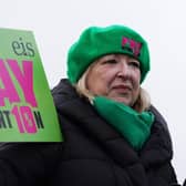 EIS General Secretary Andrea Bradley, joins members of the EIS and SSTA unions, on the picket line at St Andrew's and St Brides High School in South Lanarkshire. Secondary schools around Scotland are shut as members of the EIS and SSTA unions are taking strike action in a dispute over pay. Picture date: Wednesday January 11, 2023. PA Photo. Scotland's Education Secretary has said she will leave "no stone unturned" to bring about a quick resolution of teacher strikes affecting schools across the country. See PA story INDUSTRY Strikes TeachersScotland. Photo credit should read: Andrew Milligan/PA Wire