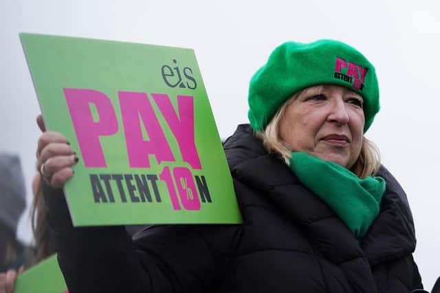 EIS General Secretary Andrea Bradley, joins members of the EIS and SSTA unions, on the picket line at St Andrew's and St Brides High School in South Lanarkshire. Secondary schools around Scotland are shut as members of the EIS and SSTA unions are taking strike action in a dispute over pay. Picture date: Wednesday January 11, 2023. PA Photo. Scotland's Education Secretary has said she will leave "no stone unturned" to bring about a quick resolution of teacher strikes affecting schools across the country. See PA story INDUSTRY Strikes TeachersScotland. Photo credit should read: Andrew Milligan/PA Wire