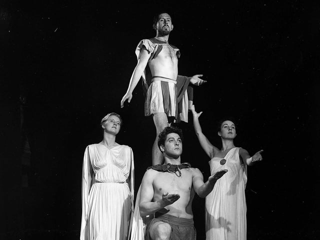Playwright Ewan MacColl and actors from the Theatre Workshop presenting 'Uranium 235' at the Oddfellowes Hall in 1951 as part of the Edinburgh Festival Fringe in 1951.