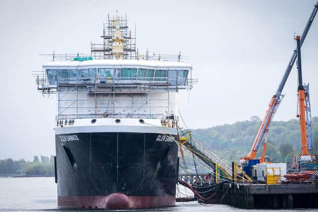 The Glen Sannox Caledonian Macbrayne ferry in the Ferguson Marine shipyard in Port Glasgow, Inverclyde