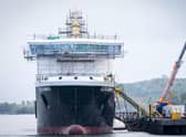The Glen Sannox Caledonian Macbrayne ferry in the Ferguson Marine shipyard in Port Glasgow, Inverclyde