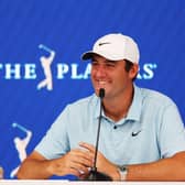 A smiling Scottie Scheffler talks to the media after winning The Players Championship on the Stadium Course at TPC Sawgrass in Ponte Vedra Beach, Florida. Picture: Mike Ehrmann/Getty Images.