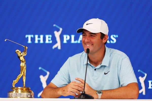 A smiling Scottie Scheffler talks to the media after winning The Players Championship on the Stadium Course at TPC Sawgrass in Ponte Vedra Beach, Florida. Picture: Mike Ehrmann/Getty Images.