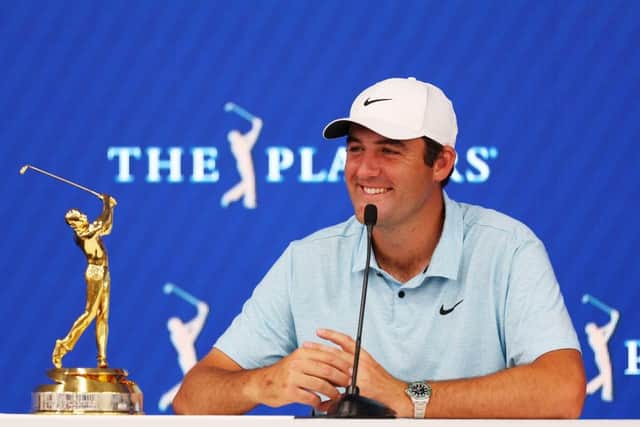 A smiling Scottie Scheffler talks to the media after winning The Players Championship on the Stadium Course at TPC Sawgrass in Ponte Vedra Beach, Florida. Picture: Mike Ehrmann/Getty Images.