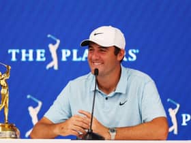 A smiling Scottie Scheffler talks to the media after winning The Players Championship on the Stadium Course at TPC Sawgrass in Ponte Vedra Beach, Florida. Picture: Mike Ehrmann/Getty Images.