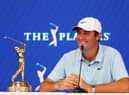 A smiling Scottie Scheffler talks to the media after winning The Players Championship on the Stadium Course at TPC Sawgrass in Ponte Vedra Beach, Florida. Picture: Mike Ehrmann/Getty Images.