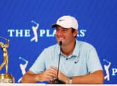 A smiling Scottie Scheffler talks to the media after winning The Players Championship on the Stadium Course at TPC Sawgrass in Ponte Vedra Beach, Florida. Picture: Mike Ehrmann/Getty Images.