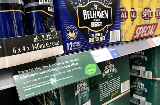 Alcohol for sale in an Edinburgh supermarket as Scotland became the first country in the world to introduce minimum unit pricing for drinks.