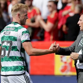 Celtic manager Brendan Rodgers and defender Stephen Welsh following the win over Aberdeen.