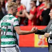 Celtic manager Brendan Rodgers and defender Stephen Welsh following the win over Aberdeen.