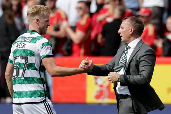 Celtic manager Brendan Rodgers and defender Stephen Welsh following the win over Aberdeen.
