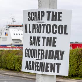 An anti-Northern Ireland Protocol sign close to Larne Port, as a Bill to amend the Northern Ireland Protocol unilaterally will be introduced in Parliament today, amid controversy over whether the legislation will break international law. Picture: Press Association
