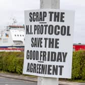 An anti-Northern Ireland Protocol sign close to Larne Port, as a Bill to amend the Northern Ireland Protocol unilaterally will be introduced in Parliament today, amid controversy over whether the legislation will break international law. Picture: Press Association