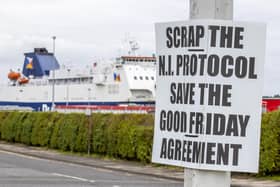 An anti-Northern Ireland Protocol sign close to Larne Port, as a Bill to amend the Northern Ireland Protocol unilaterally will be introduced in Parliament today, amid controversy over whether the legislation will break international law. Picture: Press Association