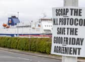 An anti-Northern Ireland Protocol sign close to Larne Port, as a Bill to amend the Northern Ireland Protocol unilaterally will be introduced in Parliament today, amid controversy over whether the legislation will break international law. Picture: Press Association