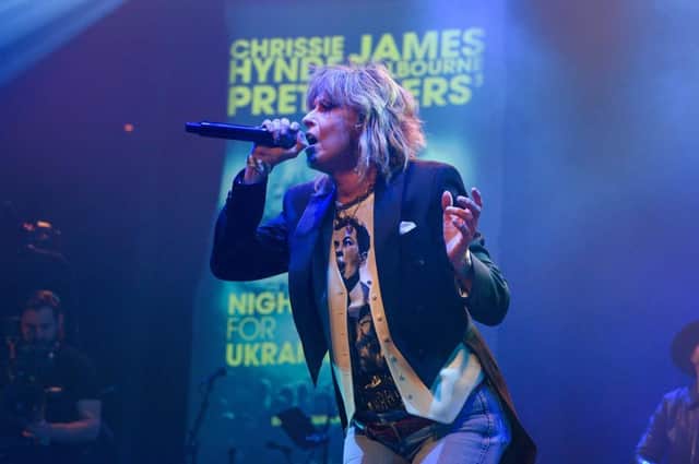Chrissie Hynde is seen performing on stage at the charity fundraiser "Night For Ukraine" at The Roundhouse in London.