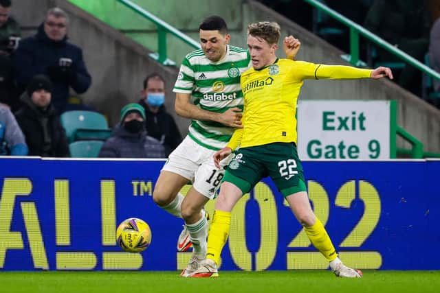 Hibs midfielder Jake Doyle-Hayes challenges Tom Rogic during the defeat at Celtic Park on Monday (Photo by Alan Harvey / SNS Group)