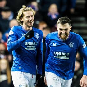 Todd Cantwell (left) celebrates with John Souttar after scoring for Rangers in the 2-1 win over Aberdeen that has taken them level with Celtic at the top of the Scottish Premiership. (Photo by Alan Harvey / SNS Group)