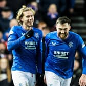 Todd Cantwell (left) celebrates with John Souttar after scoring for Rangers in the 2-1 win over Aberdeen that has taken them level with Celtic at the top of the Scottish Premiership. (Photo by Alan Harvey / SNS Group)