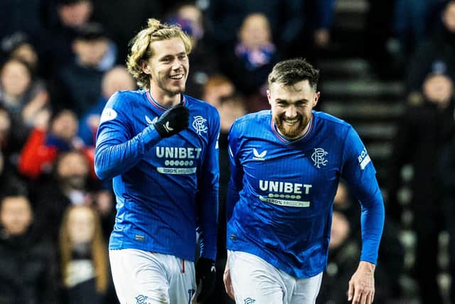 Todd Cantwell (left) celebrates with John Souttar after scoring for Rangers in the 2-1 win over Aberdeen that has taken them level with Celtic at the top of the Scottish Premiership. (Photo by Alan Harvey / SNS Group)