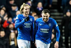 Todd Cantwell (left) celebrates with John Souttar after scoring for Rangers in the 2-1 win over Aberdeen that has taken them level with Celtic at the top of the Scottish Premiership. (Photo by Alan Harvey / SNS Group)