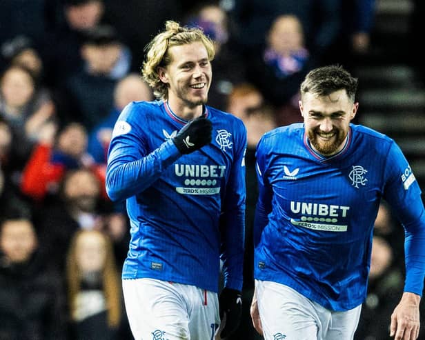 Todd Cantwell (left) celebrates with John Souttar after scoring for Rangers in the 2-1 win over Aberdeen that has taken them level with Celtic at the top of the Scottish Premiership. (Photo by Alan Harvey / SNS Group)