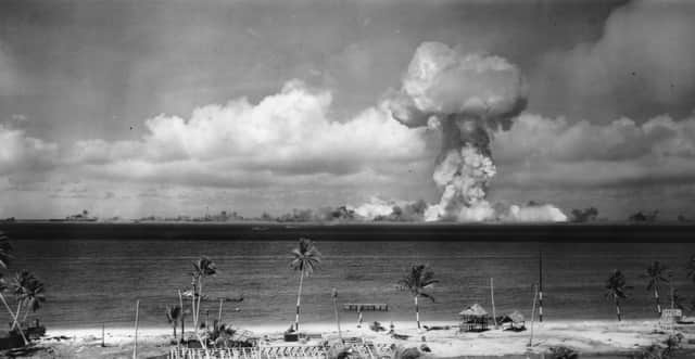 A mushroom cloud rises after a nuclear bomb test off the coast of Bikini Atoll, Marshall Islands, in 1946 (Picture: Keystone/Getty Images)