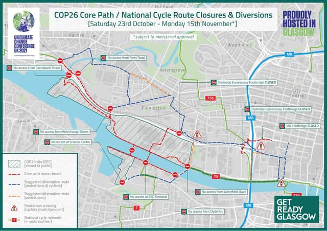 Cycle path closures are shown in red with alternative routes in blue. Picture: GetReadyGlasgow