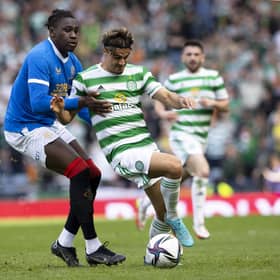 Rangers defender Calvin Bassey Celtic winger Jota in action during the Scottish Cup semif-inal at Hampden Park on April 17. (Photo by Alan Harvey / SNS Group)