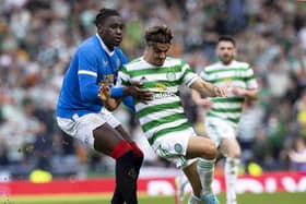 Rangers defender Calvin Bassey Celtic winger Jota in action during the Scottish Cup semif-inal at Hampden Park on April 17. (Photo by Alan Harvey / SNS Group)