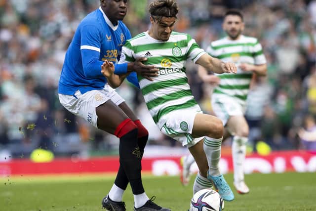 Rangers defender Calvin Bassey Celtic winger Jota in action during the Scottish Cup semif-inal at Hampden Park on April 17. (Photo by Alan Harvey / SNS Group)