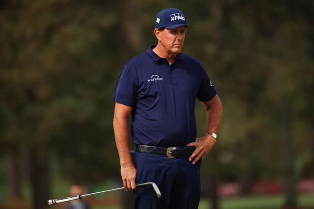 Phil Mickelson looks on from the second green during the third round of the Masters at Augusta National Golf Club. Picture: Mike Ehrmann/Getty Images.