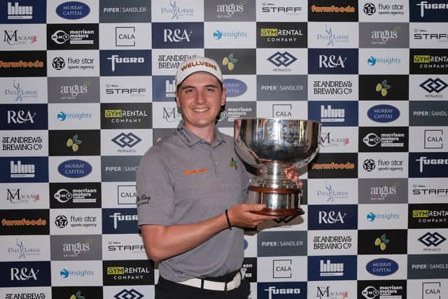Sam Locke shows off the trophy after his play-off in the Pollok Open - the fifth event of the season on the Tartan Pro Tour. Picture: Tartan Pro Tour.