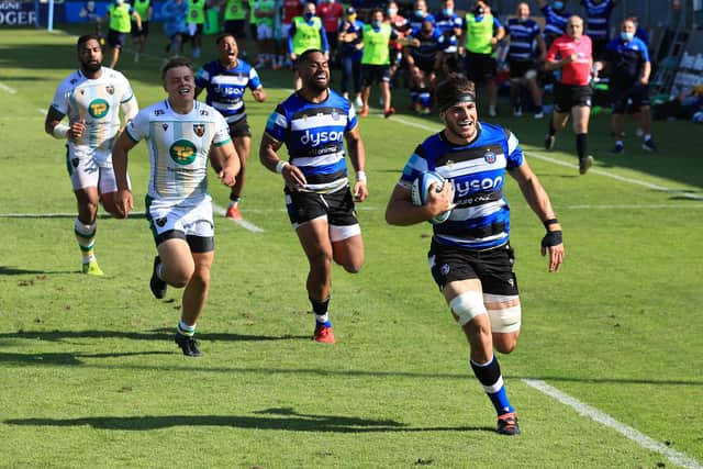 Josh Bayliss gallops clear to score Bath's match-winning try against Northampton which secured a Champions Cup place for the West Country club. Picture: David Rogers/Getty Images