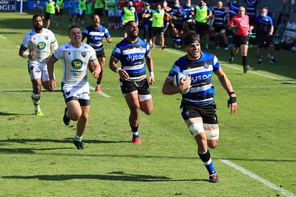 Josh Bayliss gallops clear to score Bath's match-winning try against Northampton which secured a Champions Cup place for the West Country club. Picture: David Rogers/Getty Images