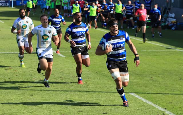 Josh Bayliss gallops clear to score Bath's match-winning try against Northampton which secured a Champions Cup place for the West Country club. Picture: David Rogers/Getty Images