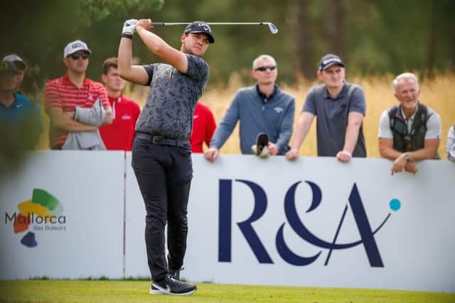 Sam Bairstow  tees off at the par-4 17th hole on the Hawkshill Course at Newmachar. Picture: Kenny Smith/Getty Images.