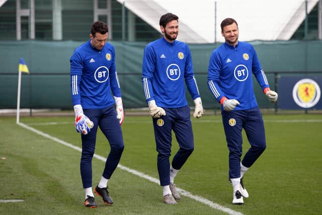 Scotland goalkeepers (from left) Jon McLaughlin, Craig Gordon and David Marshall during a training session at Oriam (Photo by Craig Williamson / SNS Group)