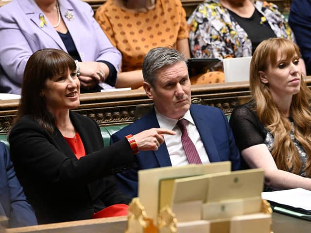 Labour Party Shadow Chancellor of the Exchequer Rachel Reeves, Labour Party leader Keir Starmer, and Labour Party deputy leader Angela Rayner  attend prime minister's questions in the House of Commons in London on May 18th, 2022. Photo: JESSICA TAYLOR / UK PARLIAMENT / AFP via Getty Images.