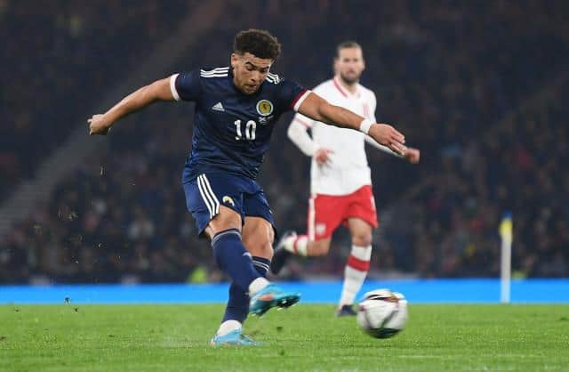 Che Adams fires a shot at goal in the first half of Scotland's friendly international against Poland at Hampden. (Photo by Craig Foy / SNS Group)