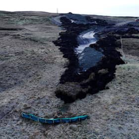 This aerial shot shows the aftermath of the peat slide, which halted work on a major electricity network upgrade project in Shetland that will allow increasing renewable energy to be connected to the grid and power exported to the rest of the UK