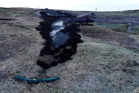 This aerial shot shows the aftermath of the peat slide, which halted work on a major electricity network upgrade project in Shetland that will allow increasing renewable energy to be connected to the grid and power exported to the rest of the UK