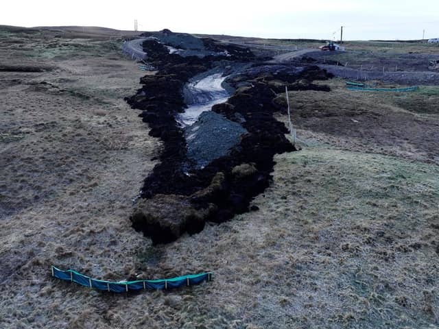 This aerial shot shows the aftermath of the peat slide, which halted work on a major electricity network upgrade project in Shetland that will allow increasing renewable energy to be connected to the grid and power exported to the rest of the UK